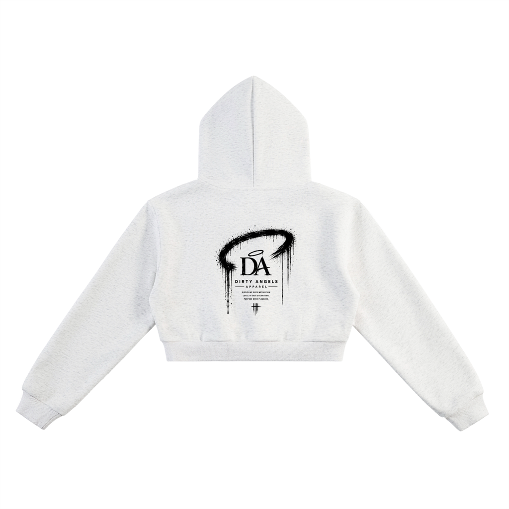 Discipline Over Motivation Cropped Hoodie — Grey, Black Print