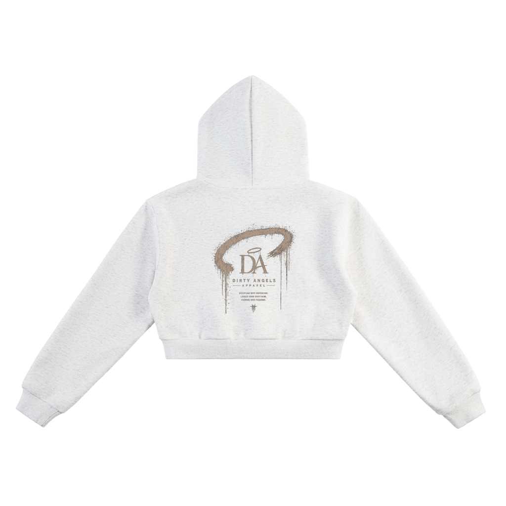 Discipline Over Motivation Cropped Hoodie — Grey, Tan Print