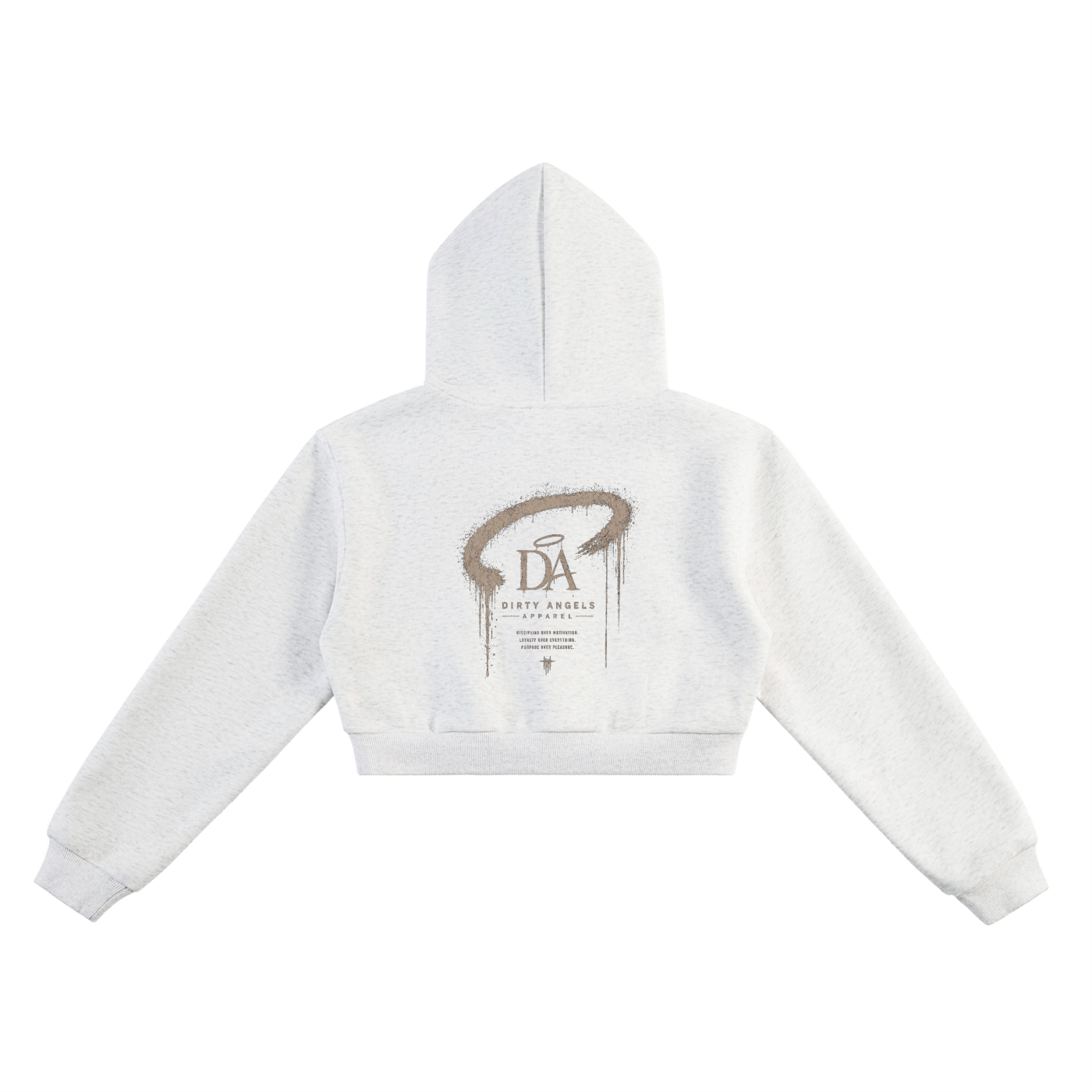 Discipline Over Motivation Cropped Hoodie — Grey, Tan Print